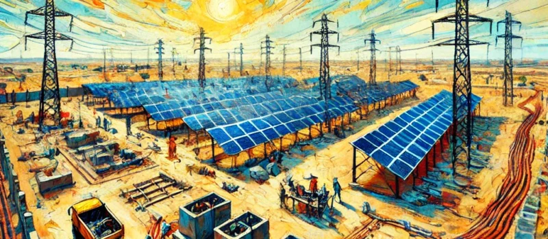 DALL·E 2024-10-28 12.15.03 - An Expressionist-style painting inspired by a PV Solar + BESS (Battery Energy Storage System) construction site in Senegal. The scene is captured with