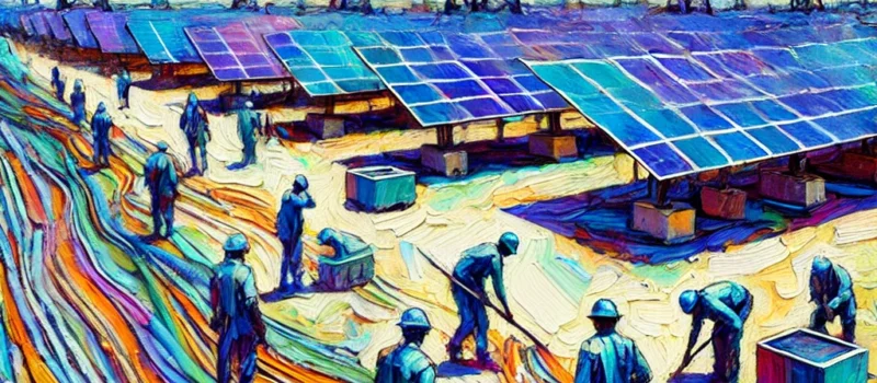 DALL·E 2024-10-28 12.15.29 - An Expressionist-style painting showing a PV Solar + BESS (Battery Energy Storage System) construction site in Senegal, with varied colors. The scene