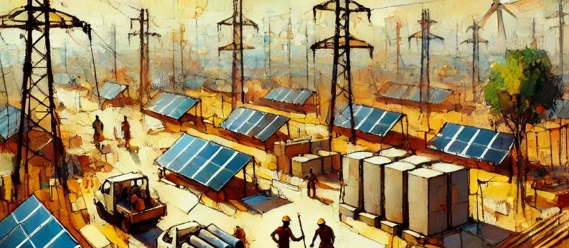 DALL·E 2024-10-28 12.15.47 - An Expressionist-style painting representing a PV Solar + BESS (Battery Energy Storage System) construction site in Senegal with a focus on varied col