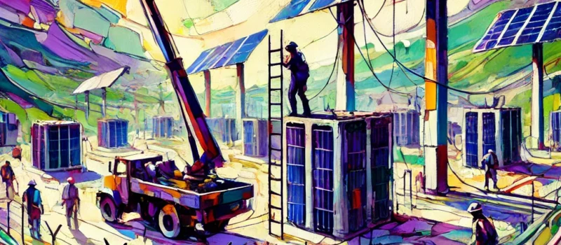 DALL·E 2024-10-28 12.15.56 - An Expressionist-style painting inspired by a PV Solar + BESS (Battery Energy Storage System) construction site in Senegal. The scene features bold, v