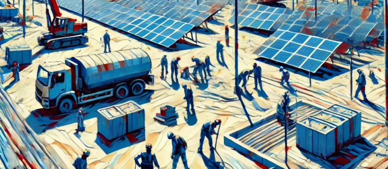 DALL·E 2024-10-28 12.16.42 - An Expressionist-style painting of a PV Solar + BESS (Battery Energy Storage System) construction site in Senegal, using only shades of blue, red, and